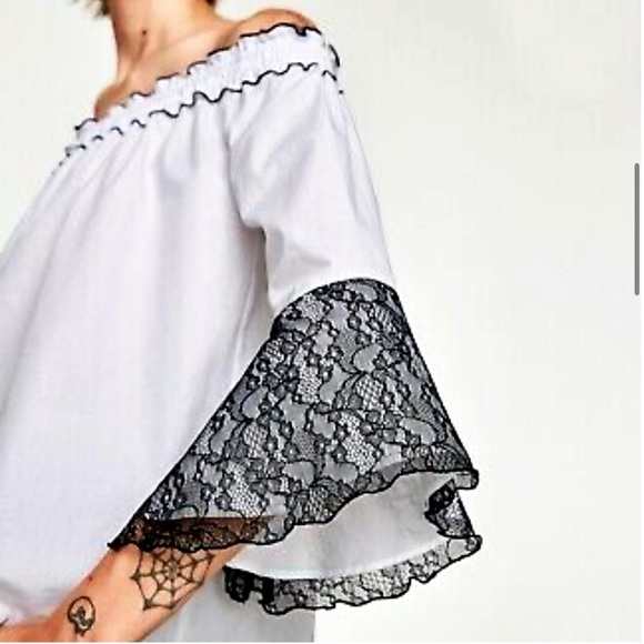 π² ZARA BOHO WHITE BLACK LACE BELL SLEEVE LOOSE FIT OPEN SHOULDER RUFFLE TOP! - Picture 9 of 16